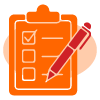 orange graphic of a clipboard with a red pen representing note taking and organization for productivity and planning 4 key actions